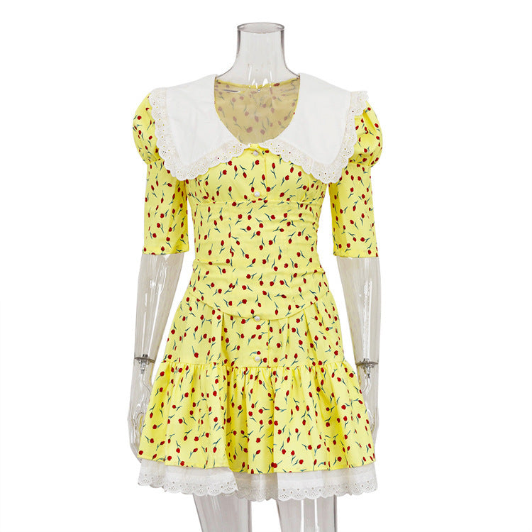 New Peter Pan Collar Short Sleeve Floral Dress Graceful And Fashionable Tight Waist Pettiskirt