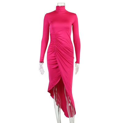 Solid Turtleneck Long Sleeve Pleated Slim Fit Slit Long Gown Dress