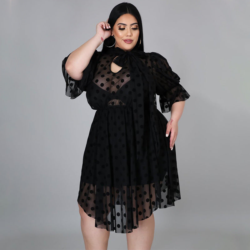 Plus Size Sexy Mesh Hollow See-through Irregular Swing Dress