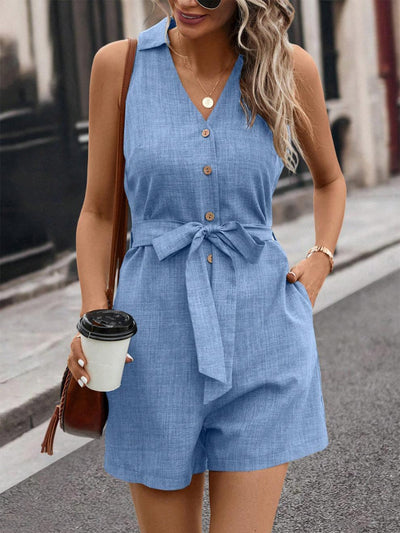 Women's Sleeveless Button V-neck Belt One-piece Shorts