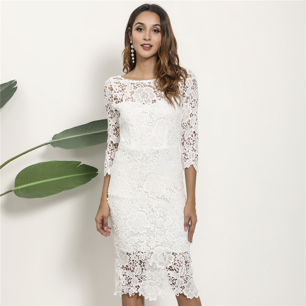 Summer New Long Sleeve Sexy Hollow Out Lace Midi Dress