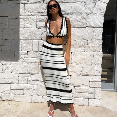 Y2K Striped Bikini Set Beach Casual Vest Sling Top Dress