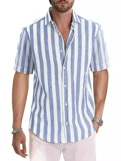 Casual Fashion Short Sleeve Striped Dress Shirt Cotton Beach Shirt