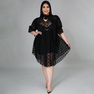 Plus Size Sexy Mesh Hollow See-through Irregular Swing Dress