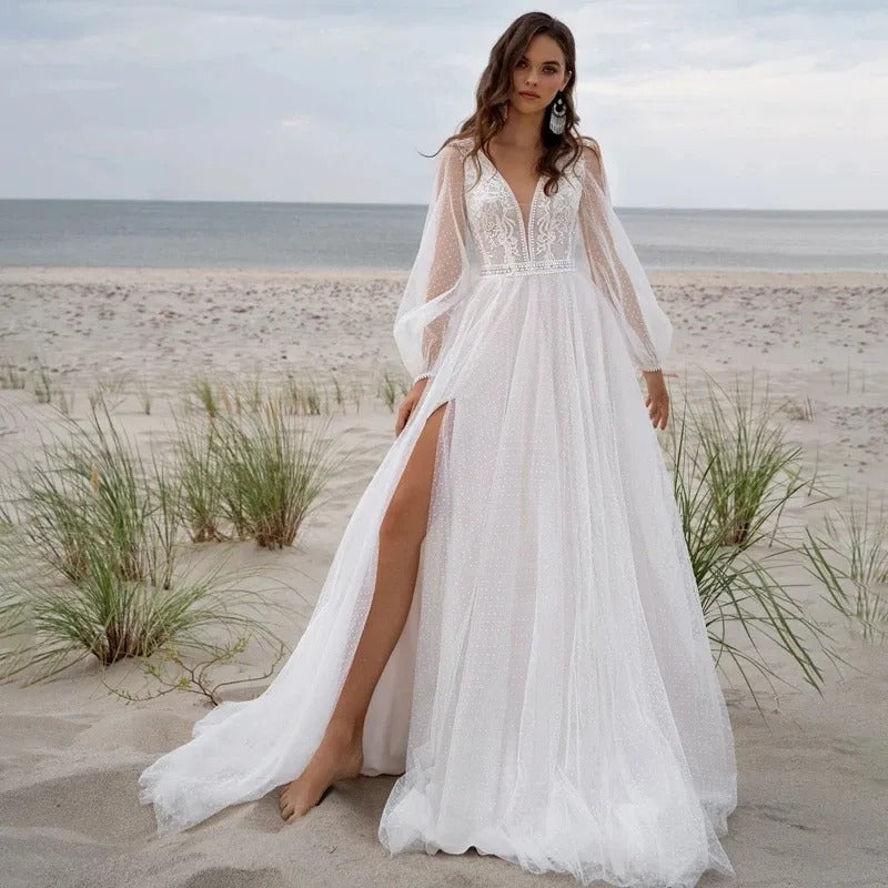 Beach Boho V-Neck Tulle Wedding Dress