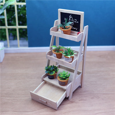 Mini Furniture Model Props Wood Color Three-layer Storage Flower Rack