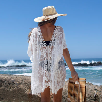 White Lace Crochet Bikini Cover Up Sexy V-neck Loose Chiffon