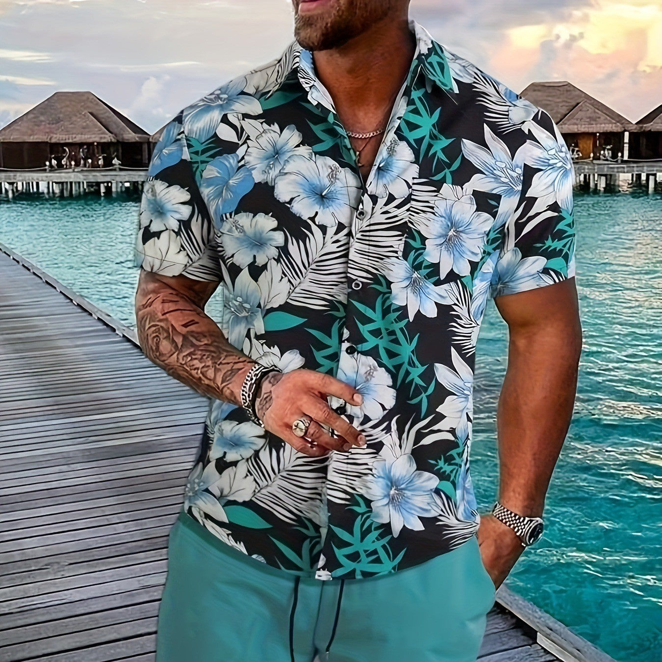 Printed Flanging Vacation Short Sleeve Shorts Shirt Outfit