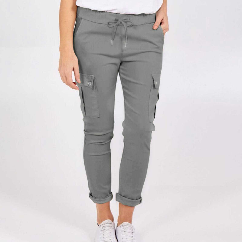 Casual Cargo Pants With Pockets Solid Color Drawstring Waist Pencil Trousers For Women