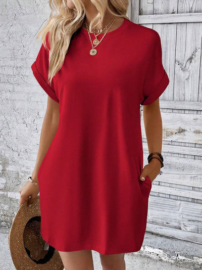 Loose Short Sleeve Dress With Pockets Summer Casual Solid Color Round Neck Straight Dresses Womens Clothing