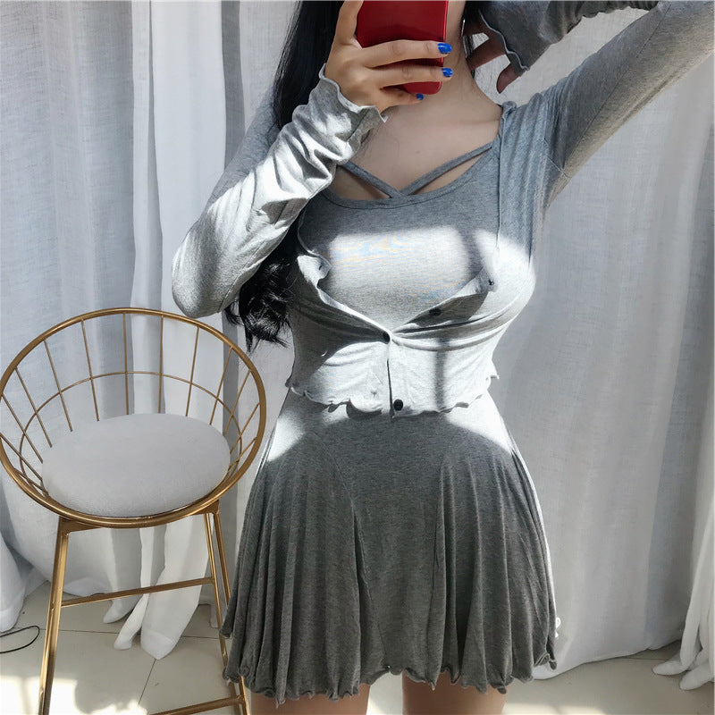 Micro Transparent Slim Cardigan Suspender Waist Two-piece Dress Female