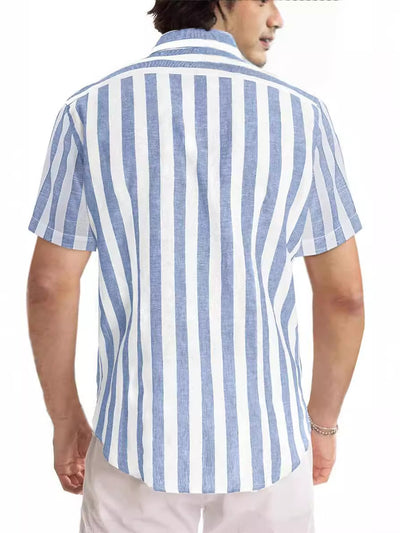 Casual Fashion Short Sleeve Striped Dress Shirt Cotton Beach Shirt