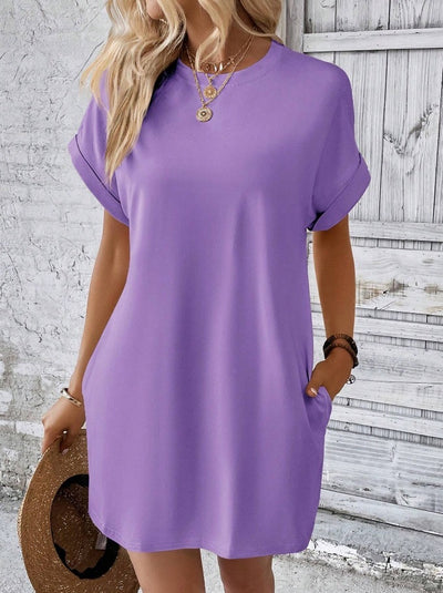 Loose Short Sleeve Dress With Pockets Summer Casual Solid Color Round Neck Straight Dresses Womens Clothing