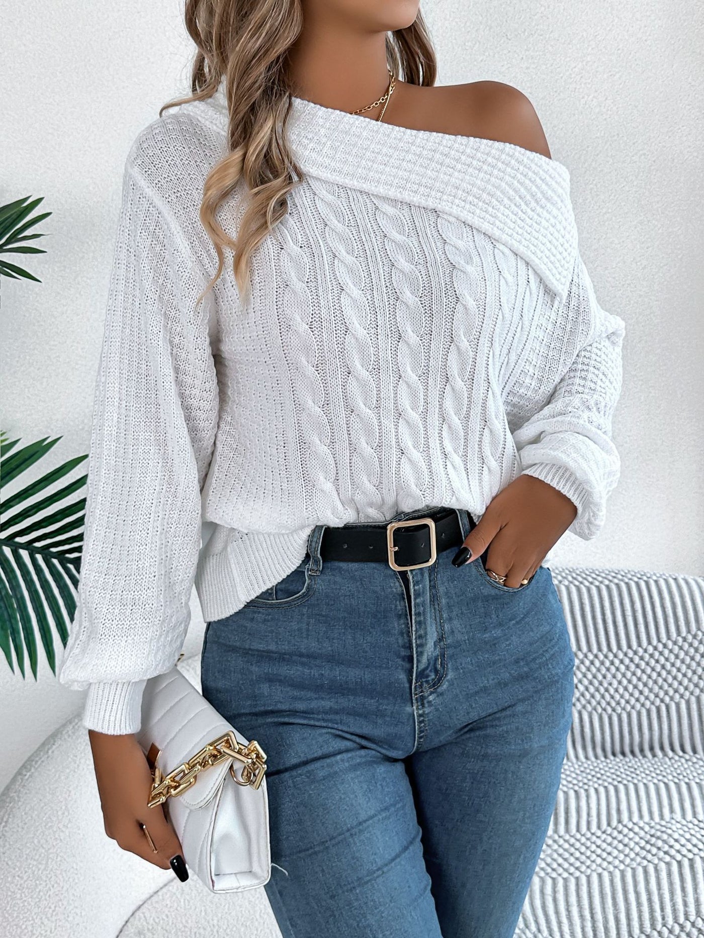 Lapel Off-the-shoulder Twist Long Sleeve Pullover